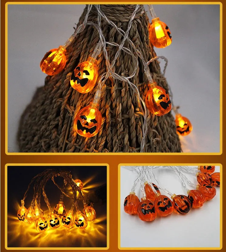 Halloween LED string lights with bat, pumpkin, and ghost pendants, waterproof for outdoor decoration