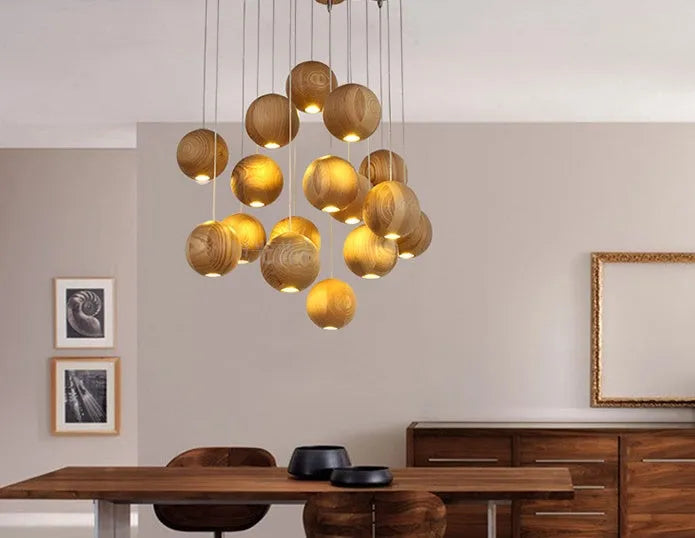 Nordic wood ball chandelier with adjustable height mechanism and solid wood construction for living room lighting