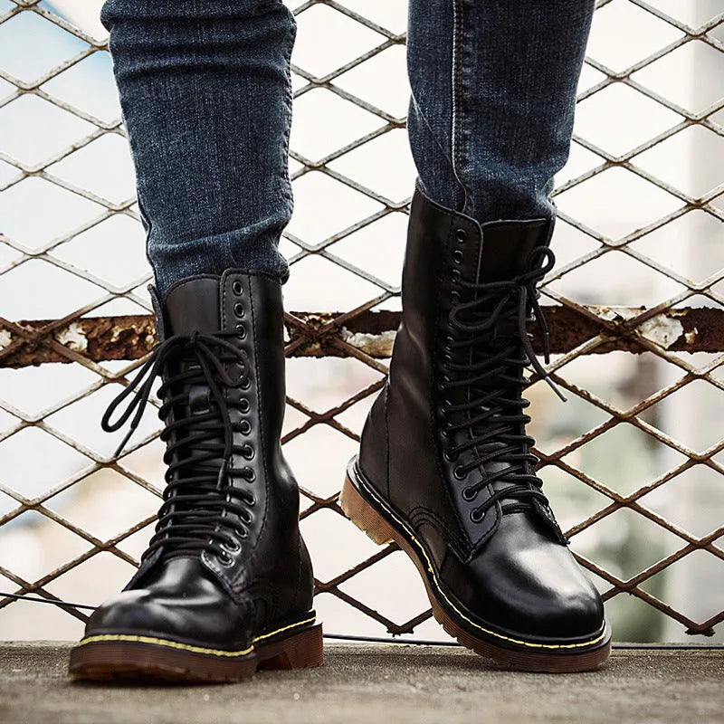 Men's black leather lace-up high-top casual shoes with a round toe, shown on a white background.