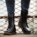 Men's black leather lace-up high-top casual shoes with a round toe, shown on a white background.