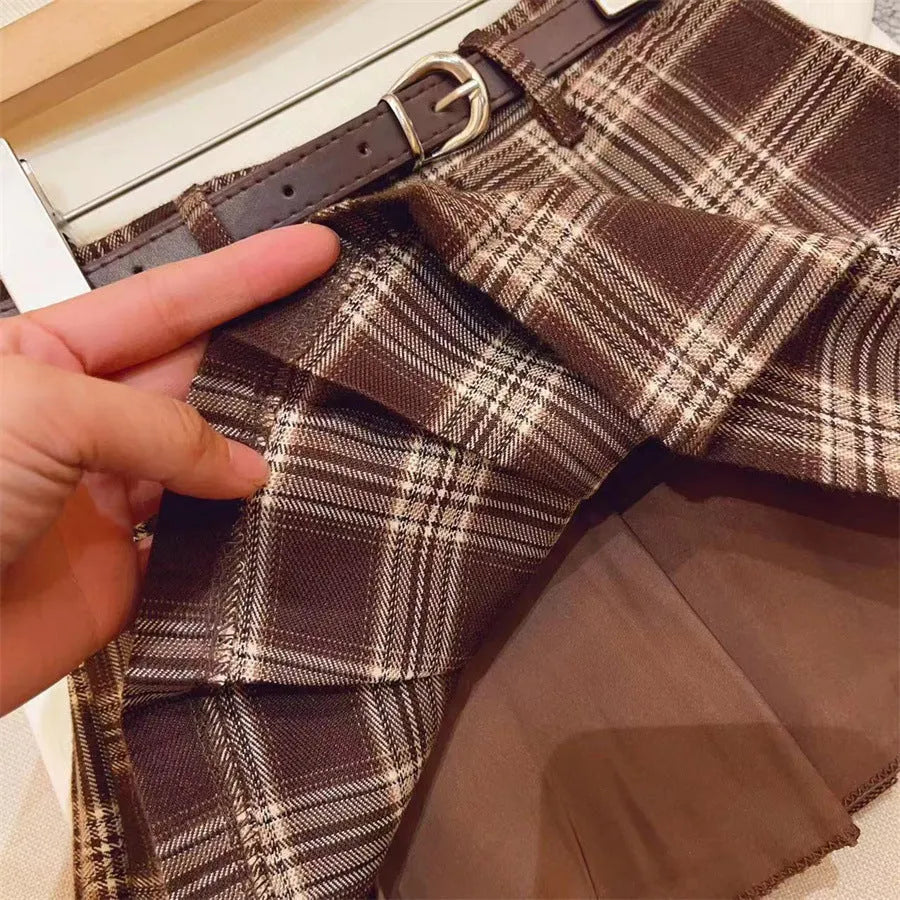 Children's plaid pleated skirt in cotton blend fabric with A-line design for heights 90cm to 140cm