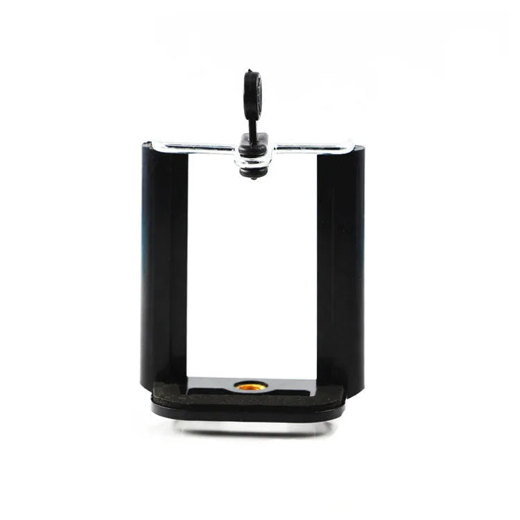 Black plastic U mobile phone clip bracket showing dimensions 8cm x 5cm x 3cm for universal phone attachment