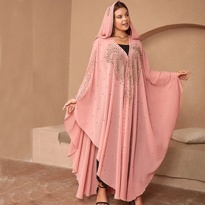 Muslim-style chiffon cape shawl with rhinestone beading in multiple colour options showing 135-175 cm length