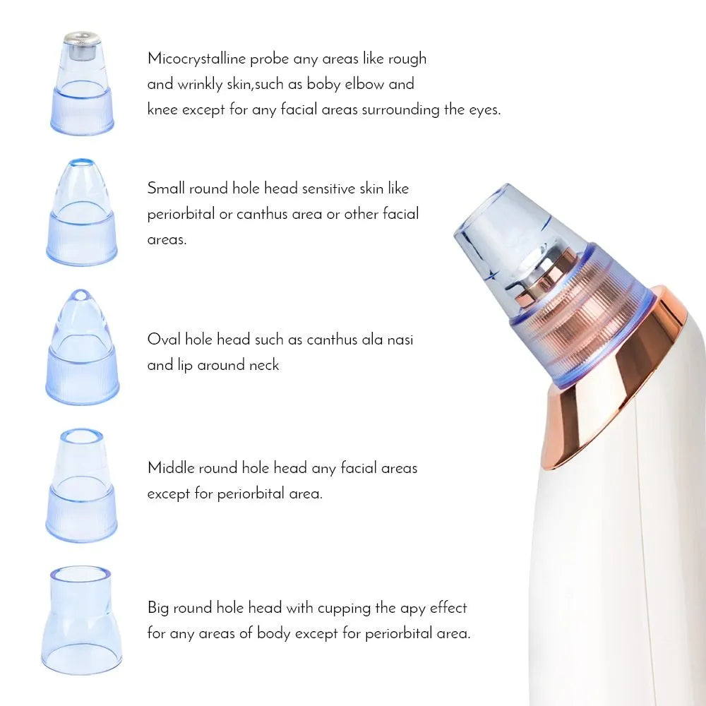Handheld electric blackhead remover tool with multiple nozzle attachments on a white background.