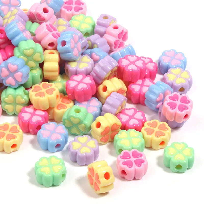 15mm frosted acrylic four-leaf clover beads in mixed colours including rose red, pink, yellow, green, blue, and purple