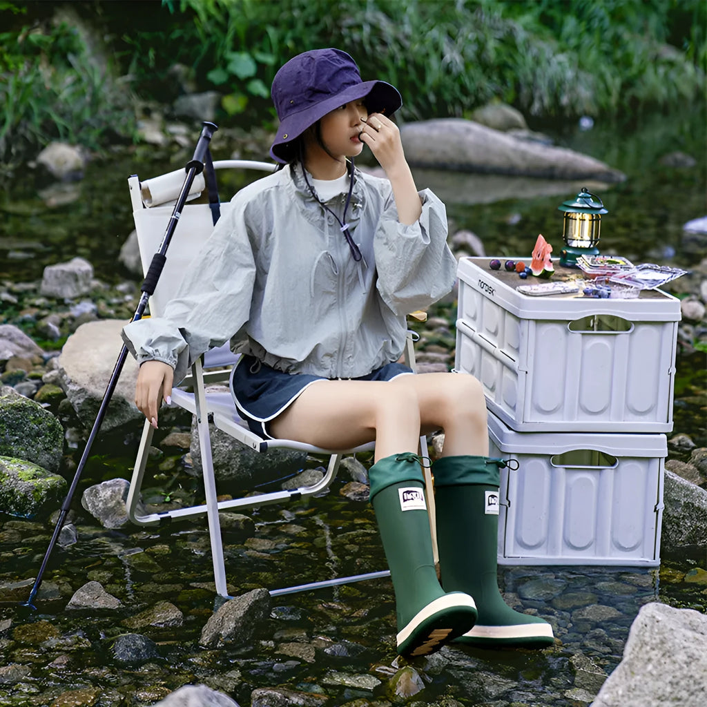 PVC platform high tube waterproof rain boots in beige colour with non-slip sole