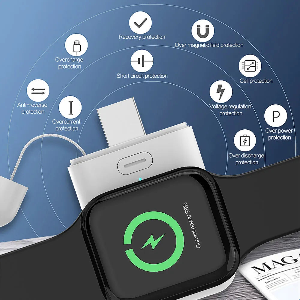 White Apple Watch magnetic wireless portable charger showing compact dimensions