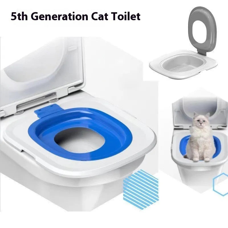 Fifth generation cat toilet trainer in grey, green, or blue with raised edges and low-profile entry