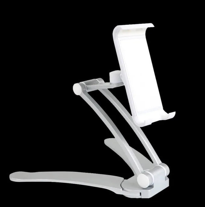 Aluminium alloy desktop tablet stand with adjustable clips and 360-degree rotation for tablets up to 10.5 inches