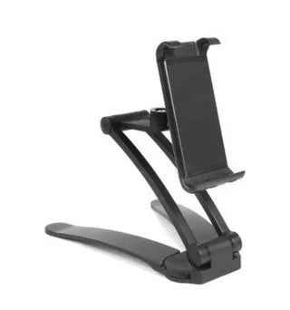 Aluminium alloy desktop tablet stand with adjustable clips and 360-degree rotation for tablets up to 10.5 inches