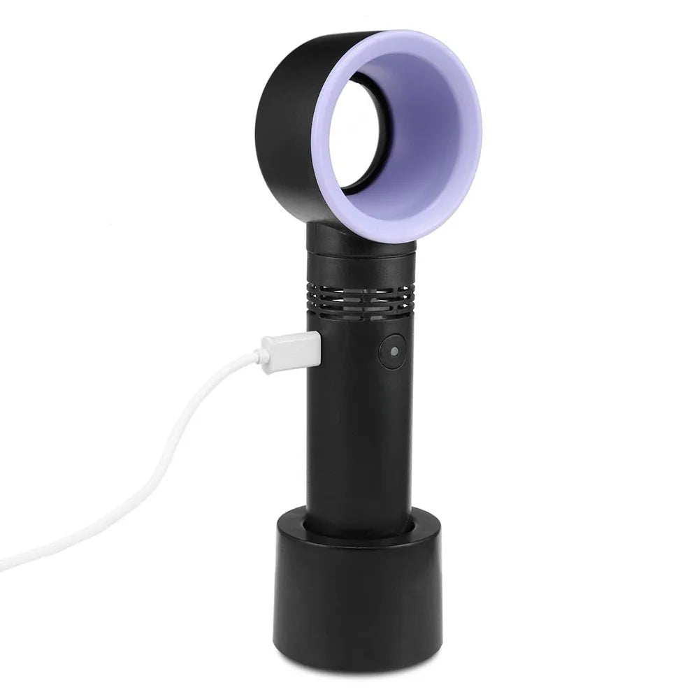Portable bladeless fan in choice of colours with USB cable and base, showing no visible blades.