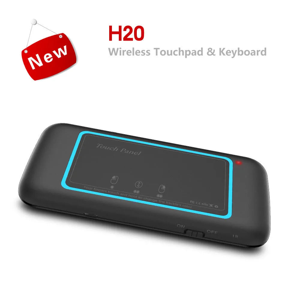 H20 black mini wireless keyboard with touchpad, air mouse, 69 backlit keys, and USB receiver