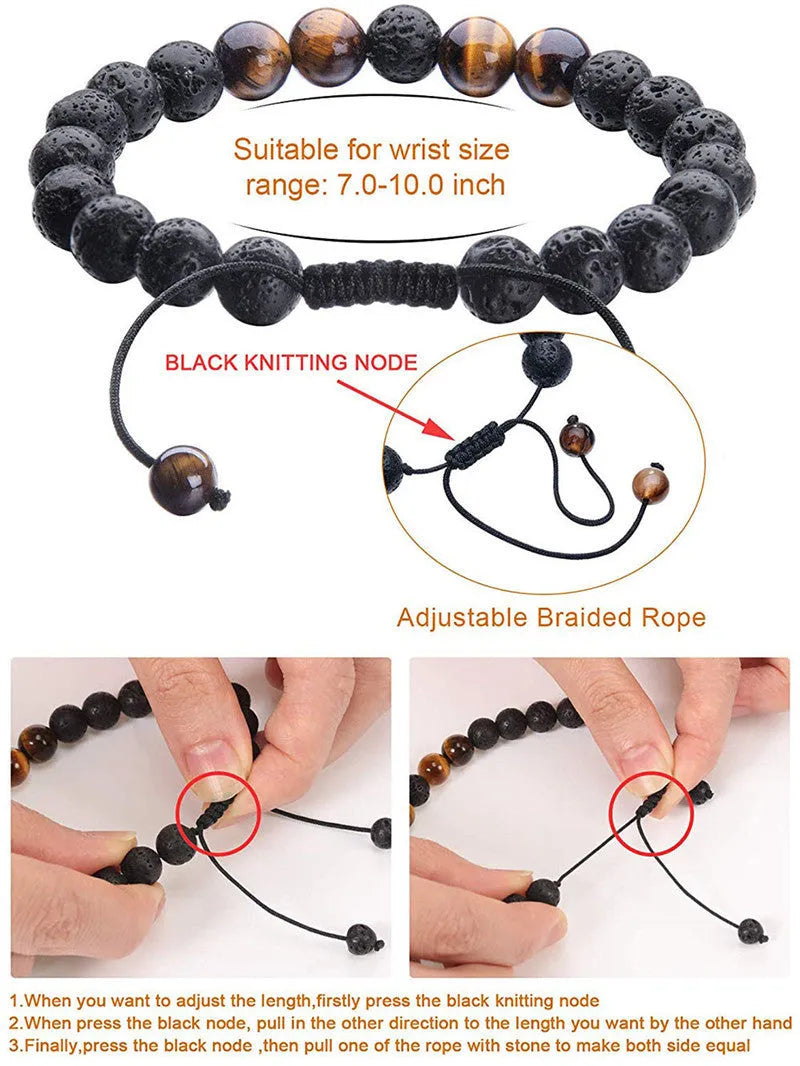 Tiger Eye couple bracelets with matte black agate beads in geometric design on wrist