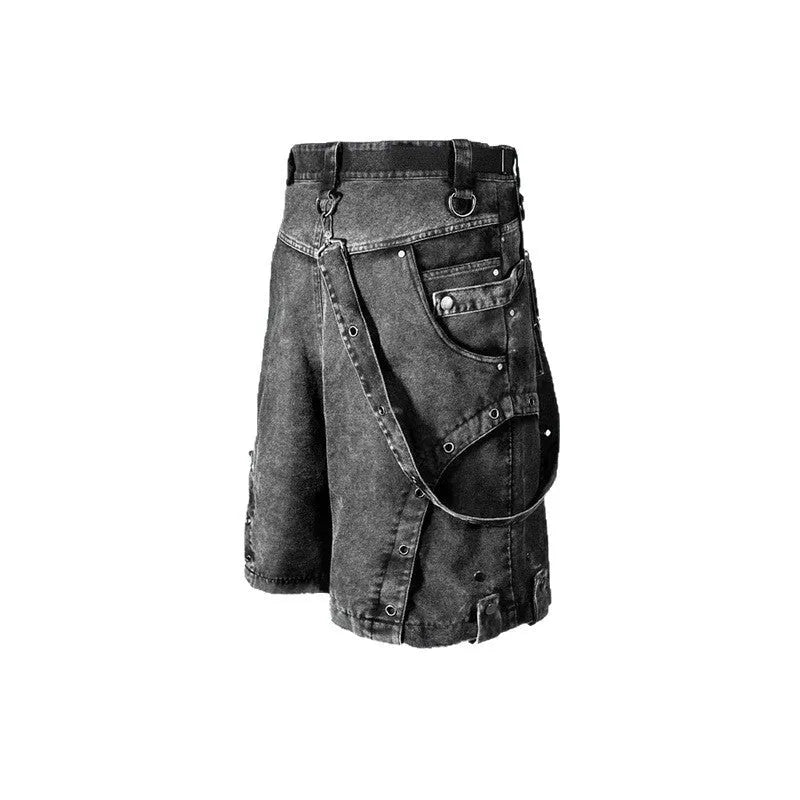 Washed blue loose fit high waist denim shorts on a hanger, showing street style design.