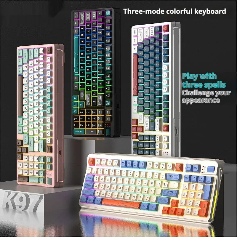 38.5cm wide luminous desktop keyboard with 1.8m cable in four colour options on wooden desk