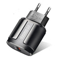 Black and white smart charger for mobile phones showing compact 20x40x65mm dimensions with UK plug