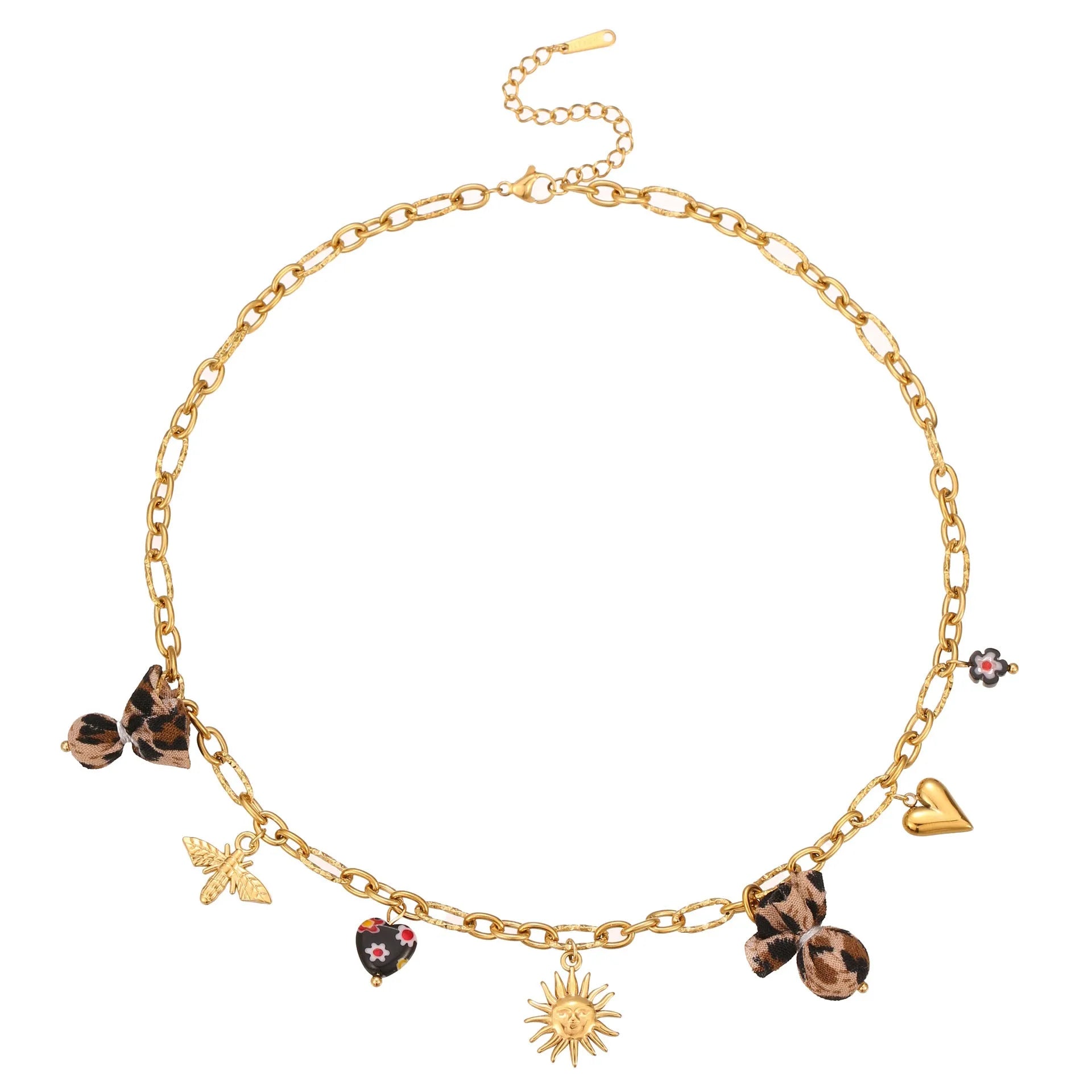 Women's gold-plated stainless steel necklace with leopard, love heart, and flowers pendant on an adjustable chain.