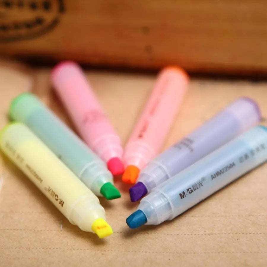 Set of six plastic oblique highlighter pens with assorted fluorescent ink colours