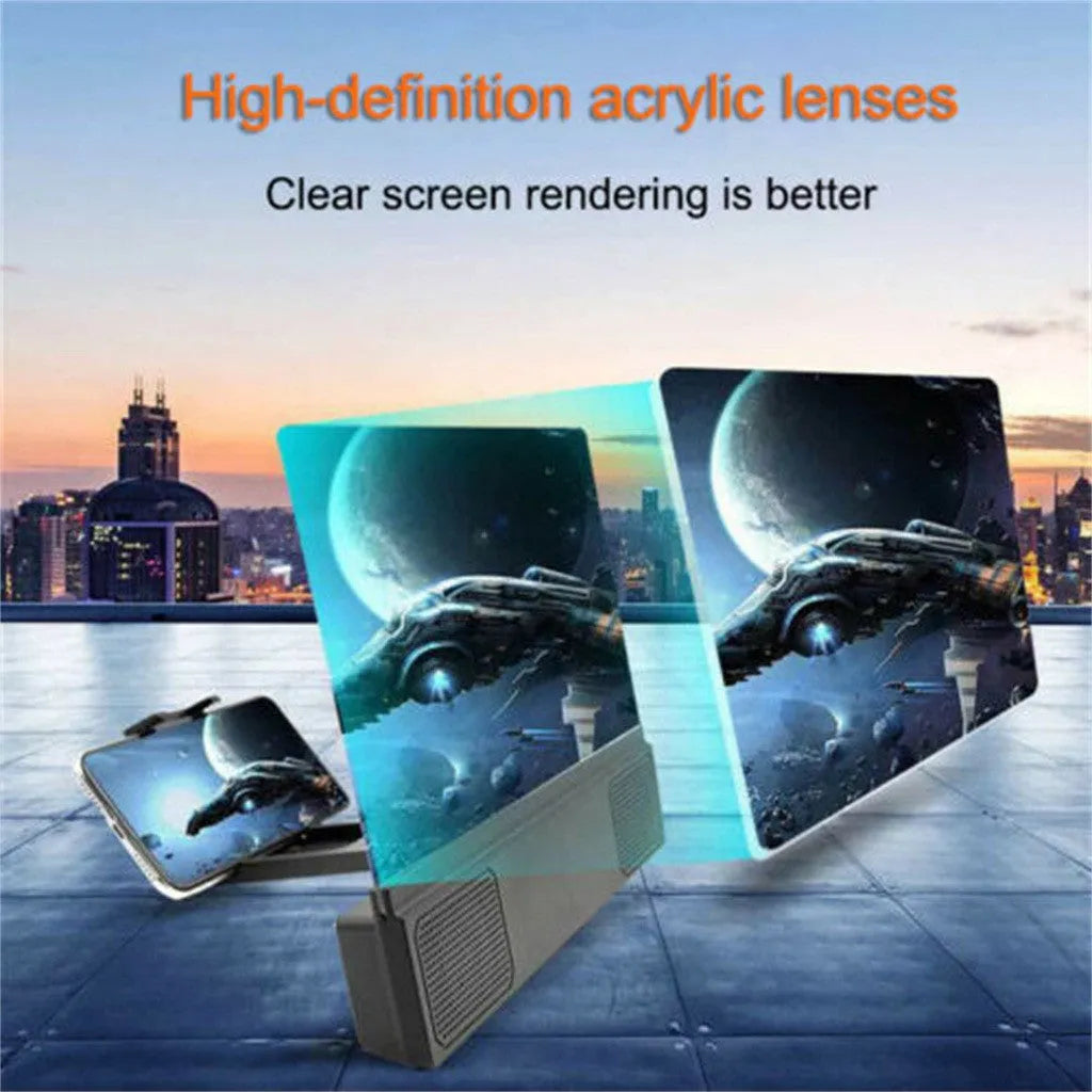 Mobile phone screen amplifier with 12-inch lens and gooseneck stand on a table, showing 3.5mm audio cable connection