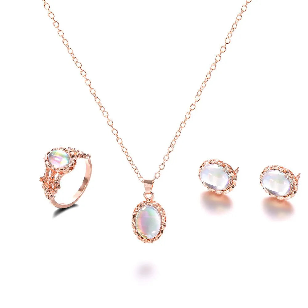 Women's alloy pendant necklace set with electroplated finish, inlaid gems, earrings, and hand accessories