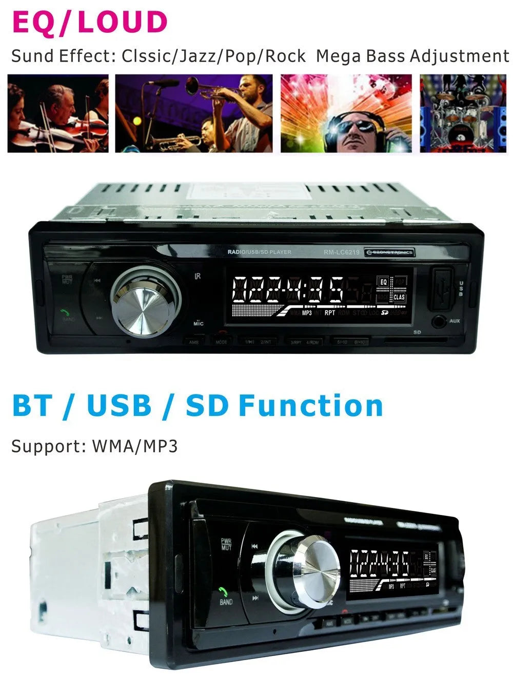 EZONETRONICS car Bluetooth FM MP3 stereo receiver with USB, SD, and AUX inputs on front panel.