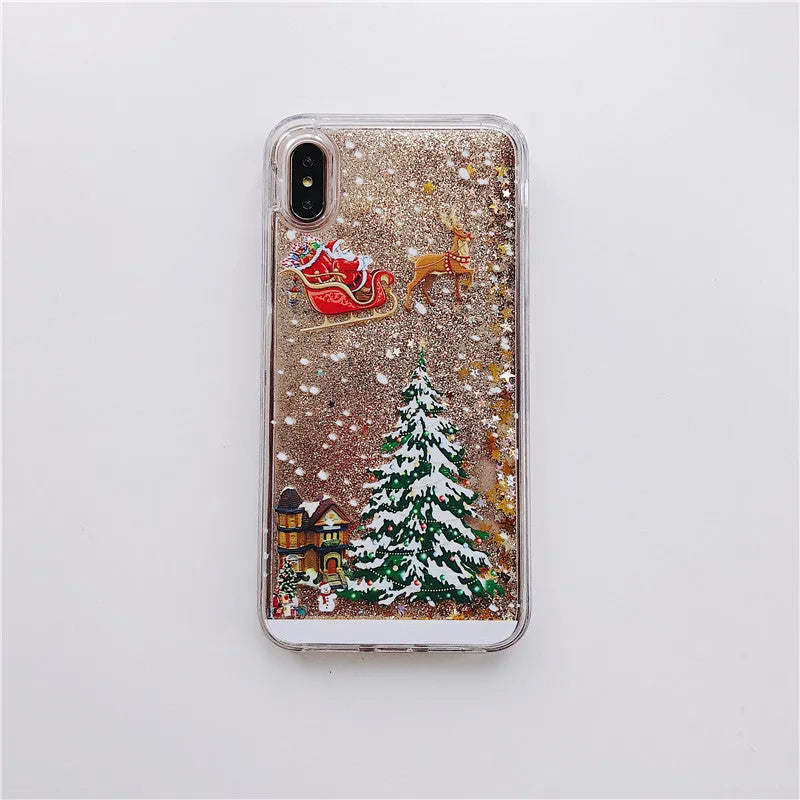 Transparent Christmas quicksand iPhone case with Santa Claus snowflake design on iPhone