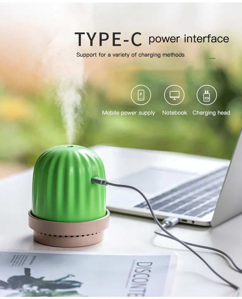 Cactus humidifier night light in green, pink, or white, 260ml tank, USB or rechargeable, 98 x 98 x 112mm