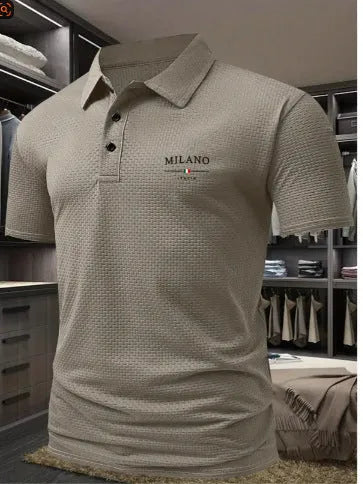 Men's loose-fitting short-sleeved lapel polo shirt in solid colour pinhole cloth fabric