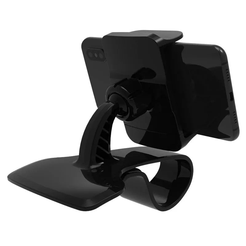 Dashboard car phone holder with black silicone grip mounted on vehicle dashboard edge