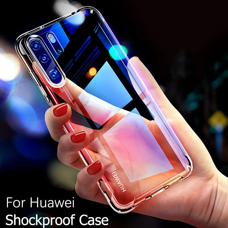 Transparent TPU phone case showing Huawei smartphone compatibility with airbag drop-resistant technology