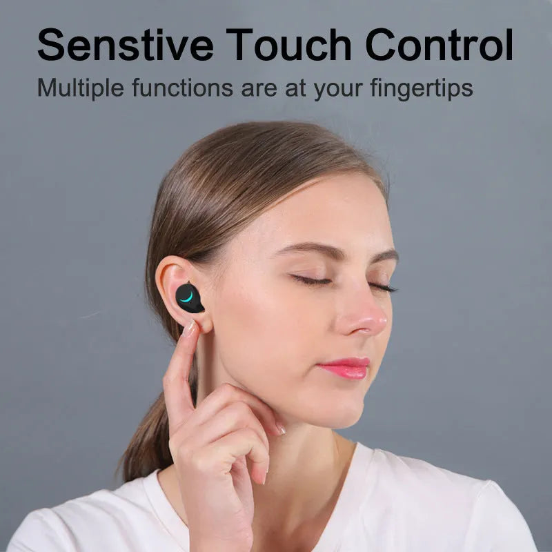 Black TWS Bluetooth wireless headset with earbuds for music and calls.