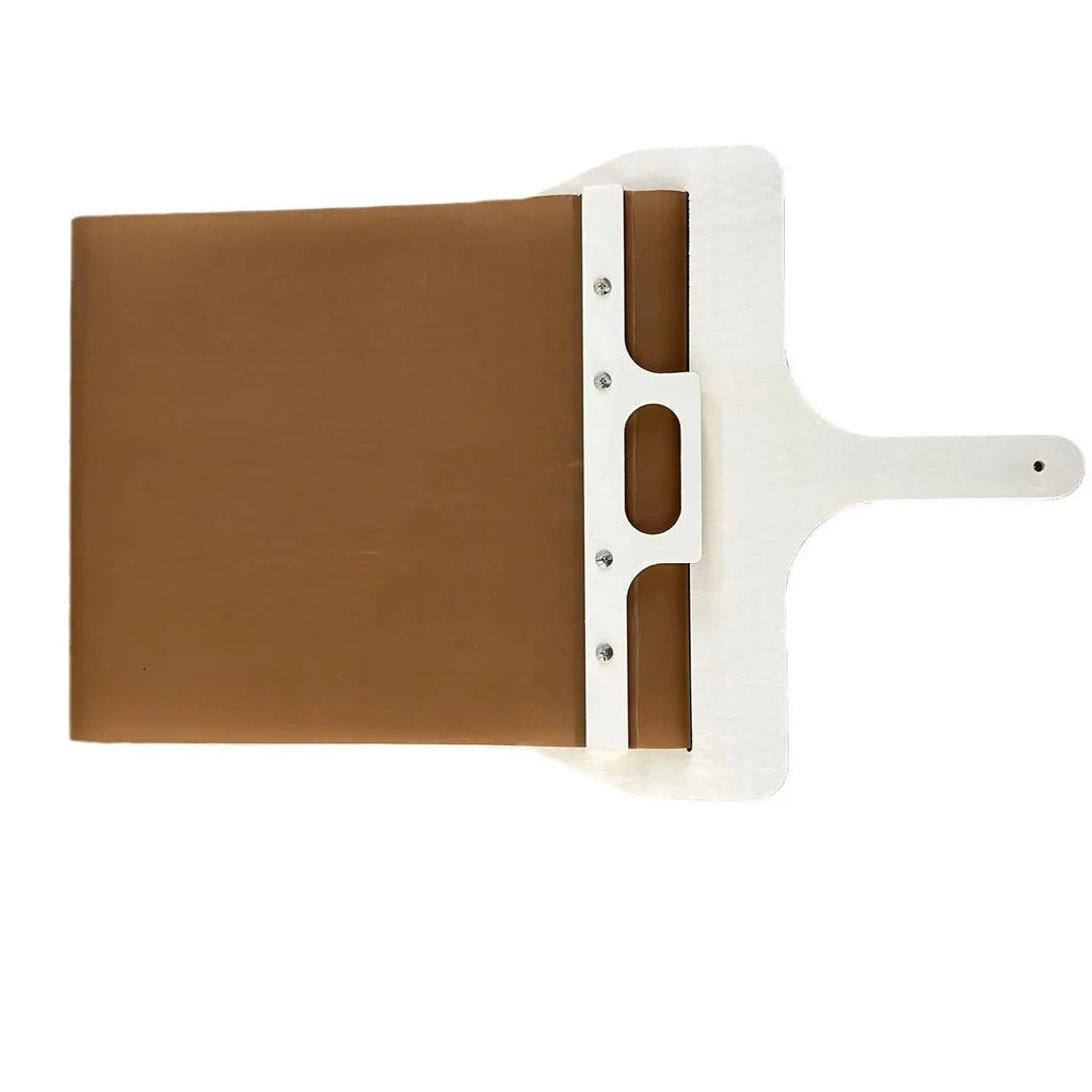 Wooden pizza peel board in natural log colour with hanging hole, shown in three size options