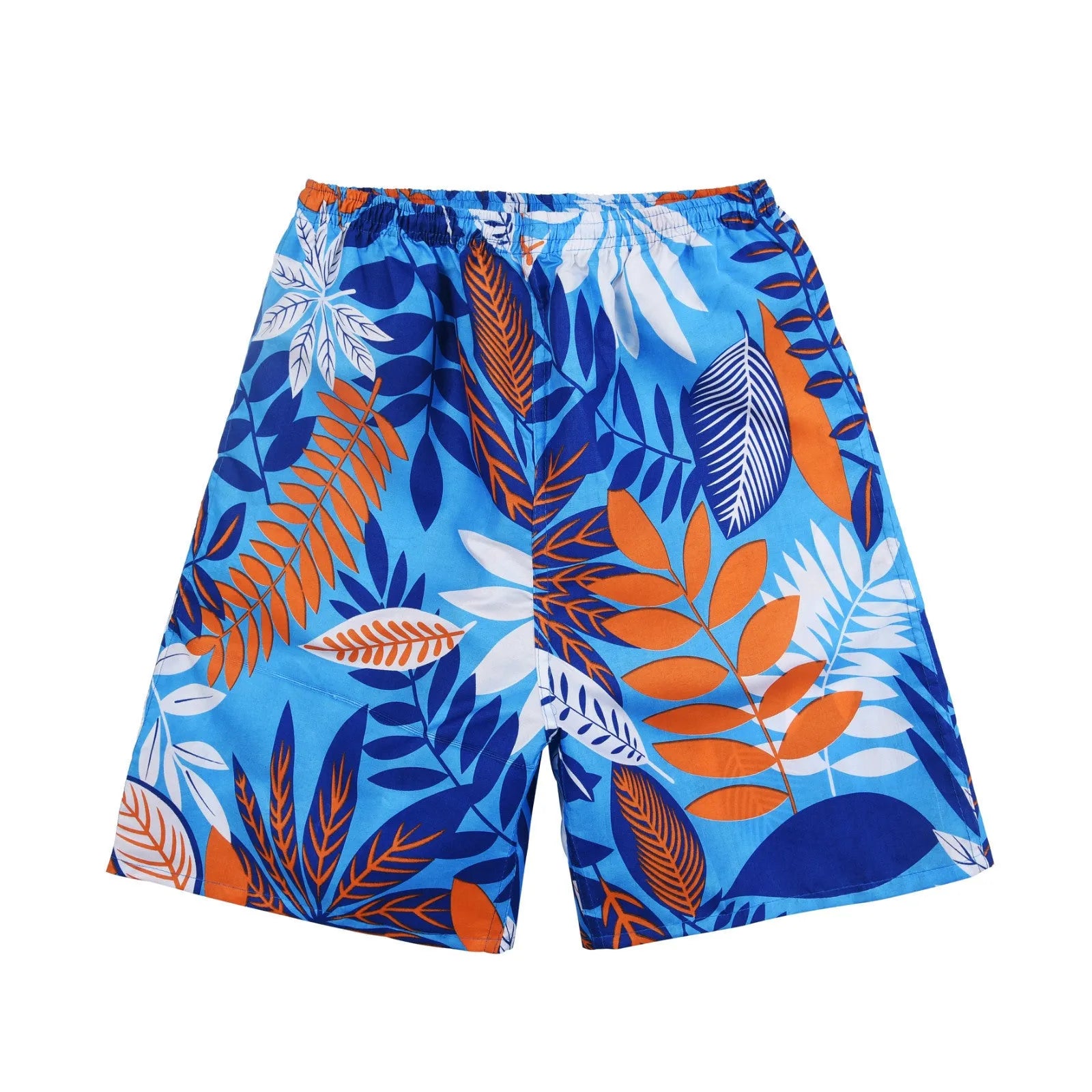 Men's floral print swimming trunks in a selection of colours on a beach background.