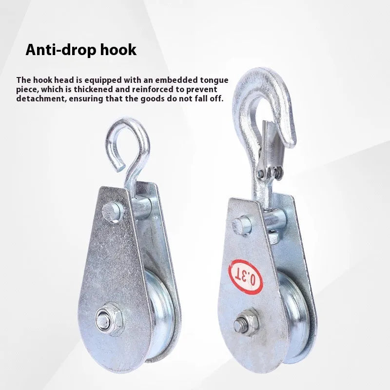 Red or galvanised lifting pulley with safety latch and forged steel hook for industrial use.