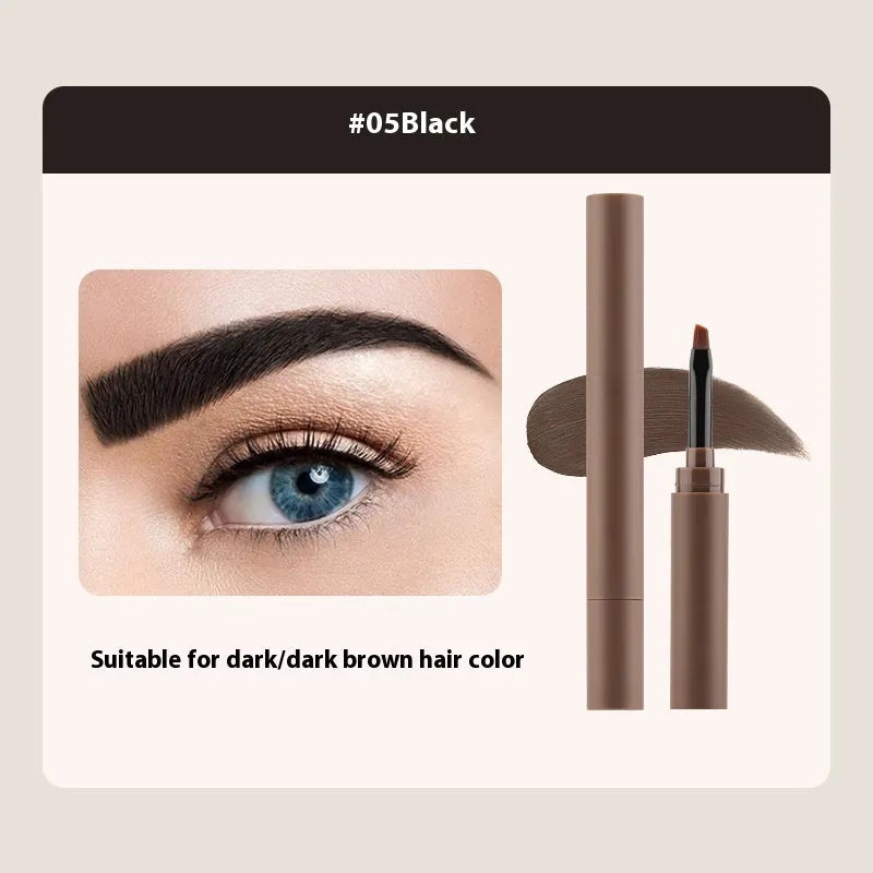 Double-headed eyebrow cream makeup pencil showing reddish brown, brown, light brown, dark brown, and black shades.