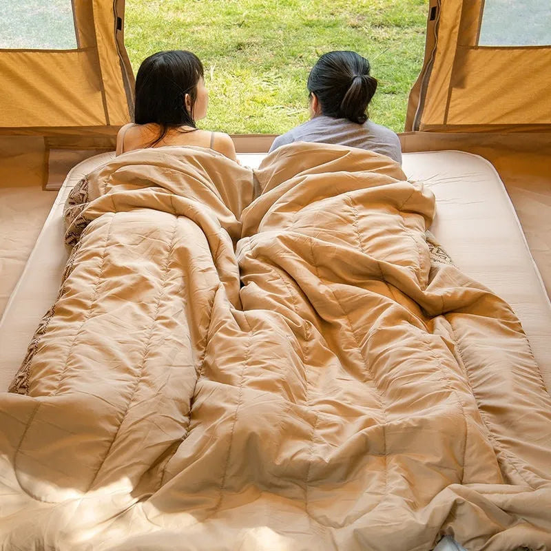 Four seasons outdoor sleeping bag unrolled showing 190cm length, hollow cotton filler, and chunya fabric in crystalline glaze colour