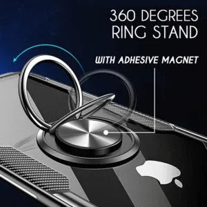 iPhone phone case with car holder arm in navy blue, showing 360-degree rotation and button access