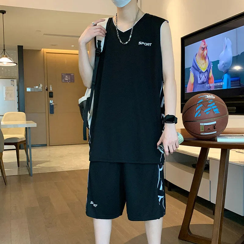 Basketball sports vest and shorts set in polyester mesh fabric showing sleeveless design