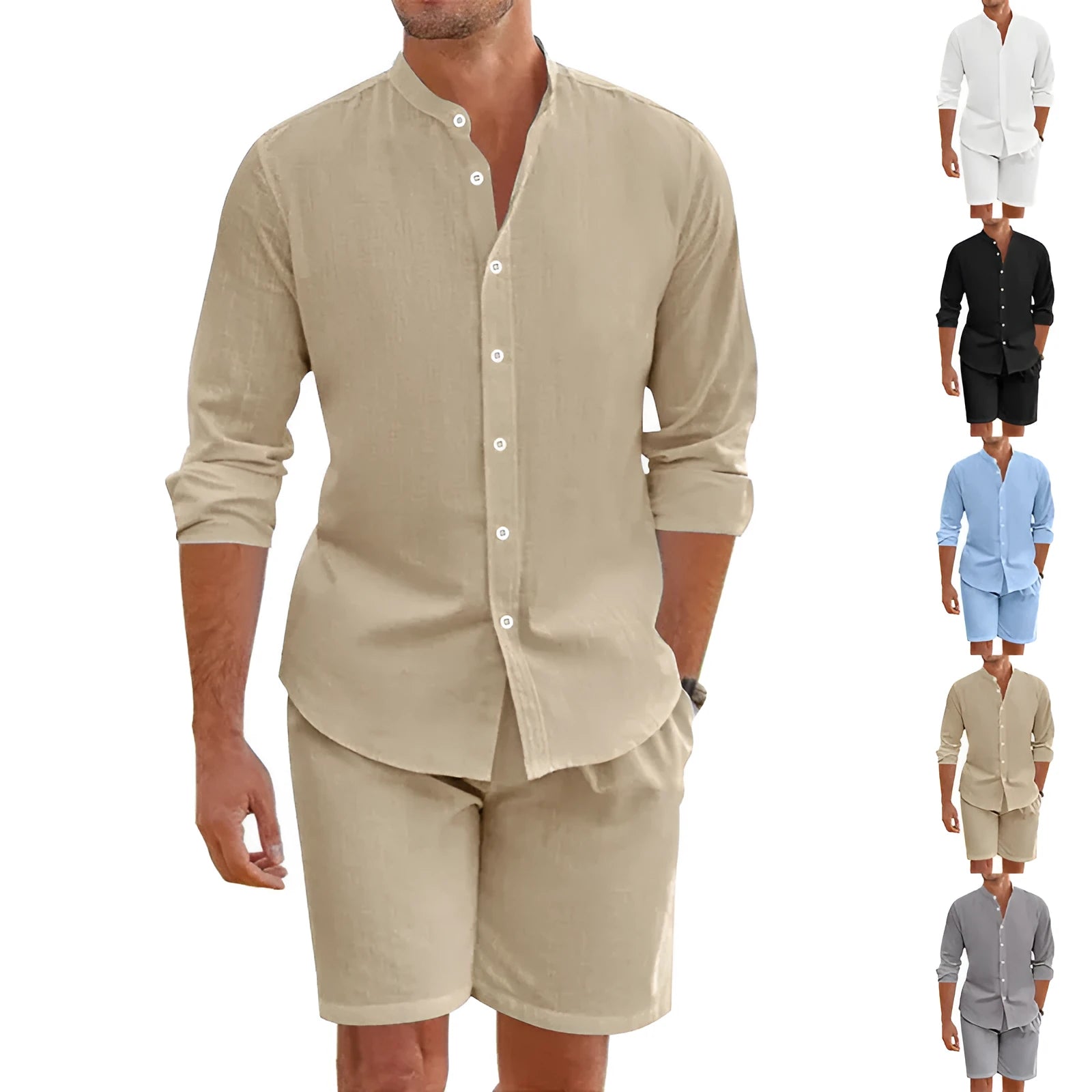 Men's dark grey linen-blend short sleeve shirt and drawstring shorts summer set laid flat.