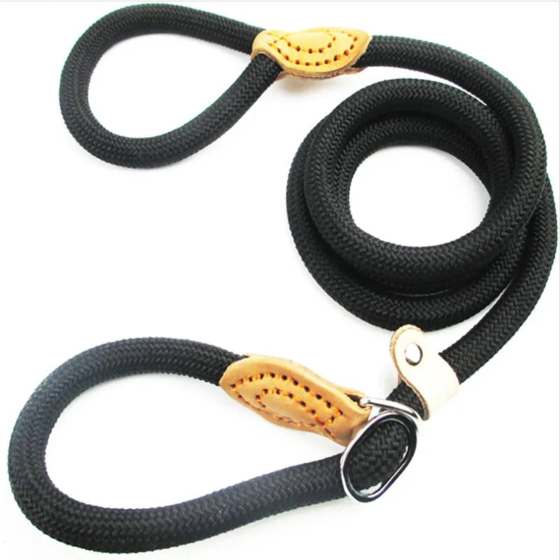 Brown nylon P chain dog leash with hand-holding rope, showing 2.1m length and adjustable chain mechanism