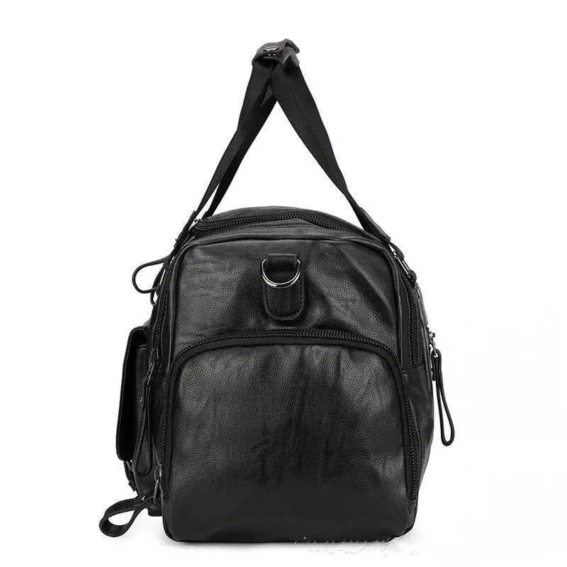 Black travel bag with shoe compartment measuring 52cm height, 19cm width, and 27cm depth