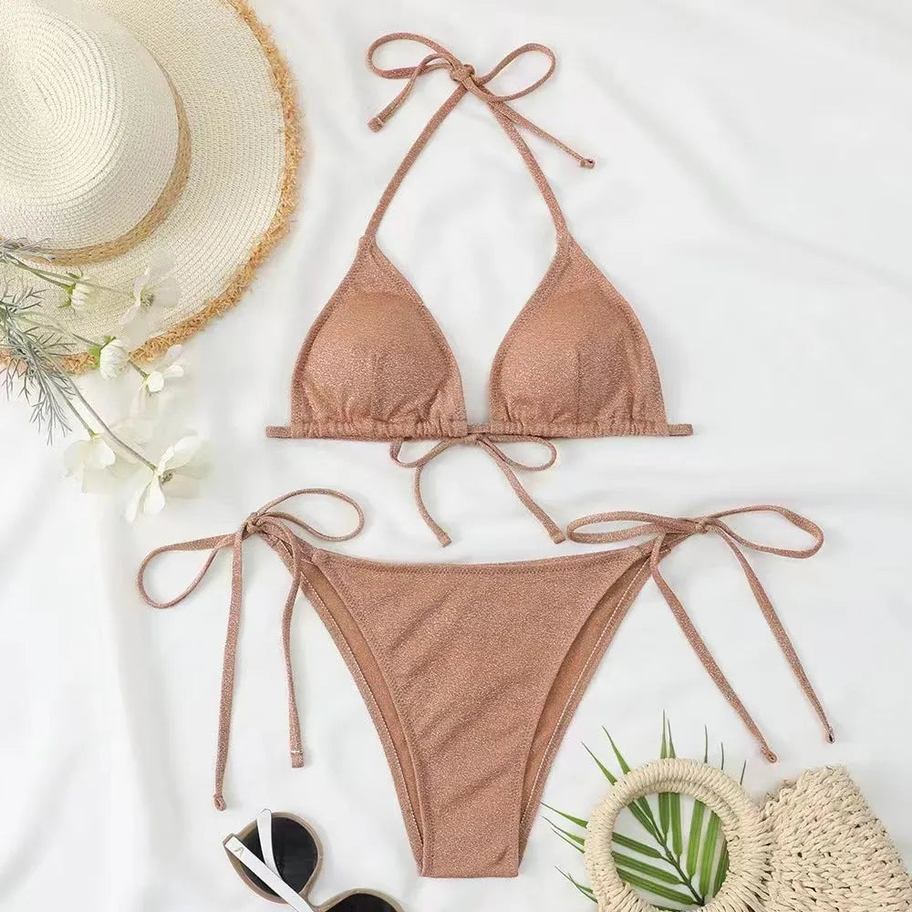 Women's khaki gold split bandage bikini swimsuit showing front view with briefs style