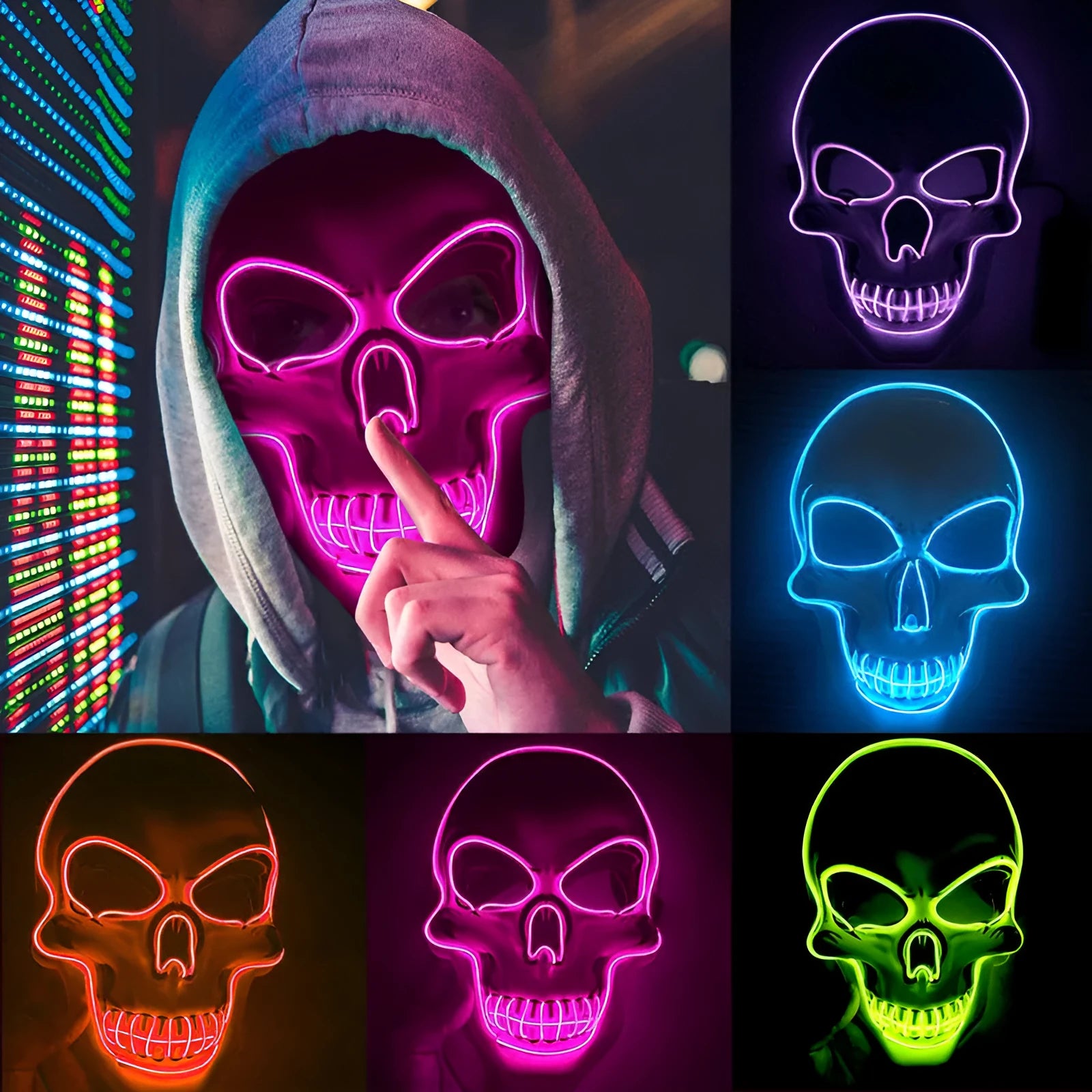 Blue LED skeleton mask with illuminated eyes, nose, and mouth on a person.