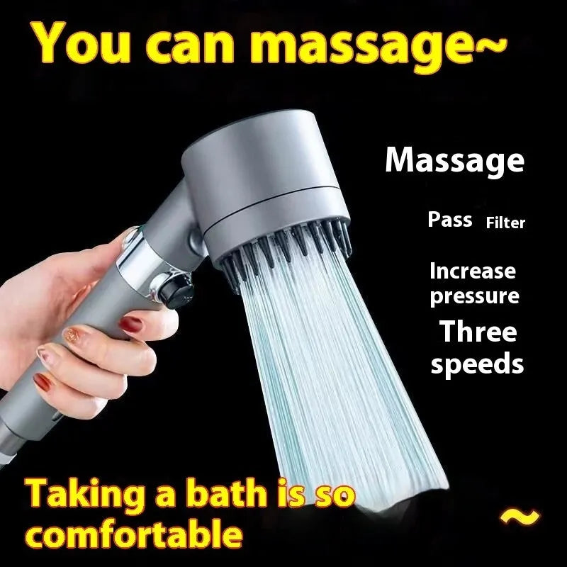 Portable shower head with adjustable settings for spray, massage, and rain functions, made from ABS material.