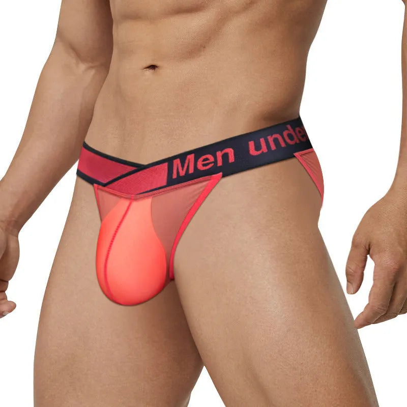 Men's nylon briefs with V gradient cut in red, black, or white colours showing low waist design