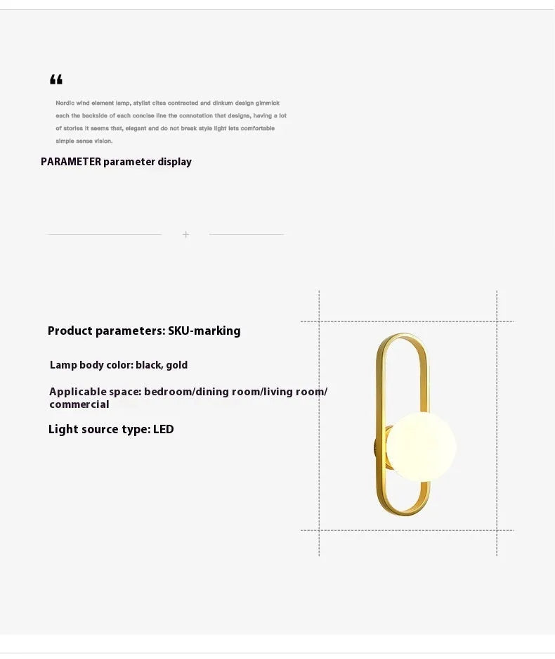 Minimalist wall lamp in black or gold with glass shade and iron body, showing 12W LED tri-colour lighting