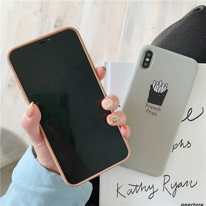 Soft matte silicone iPhone case with cute coffee or fries design pattern