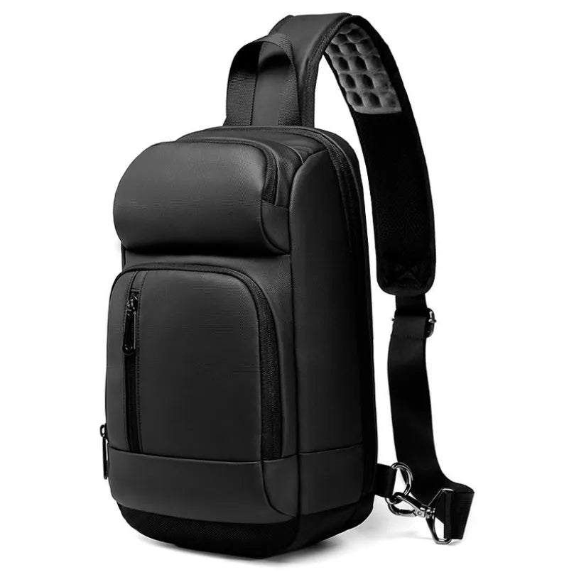 Black outdoor shoulder bag with air cushion strap and internal organisation compartments