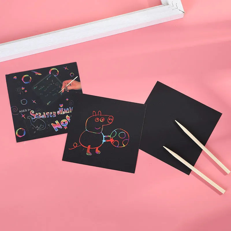 Colourful trumpet scratch painting set with 100 sheets in 8.8cm square box