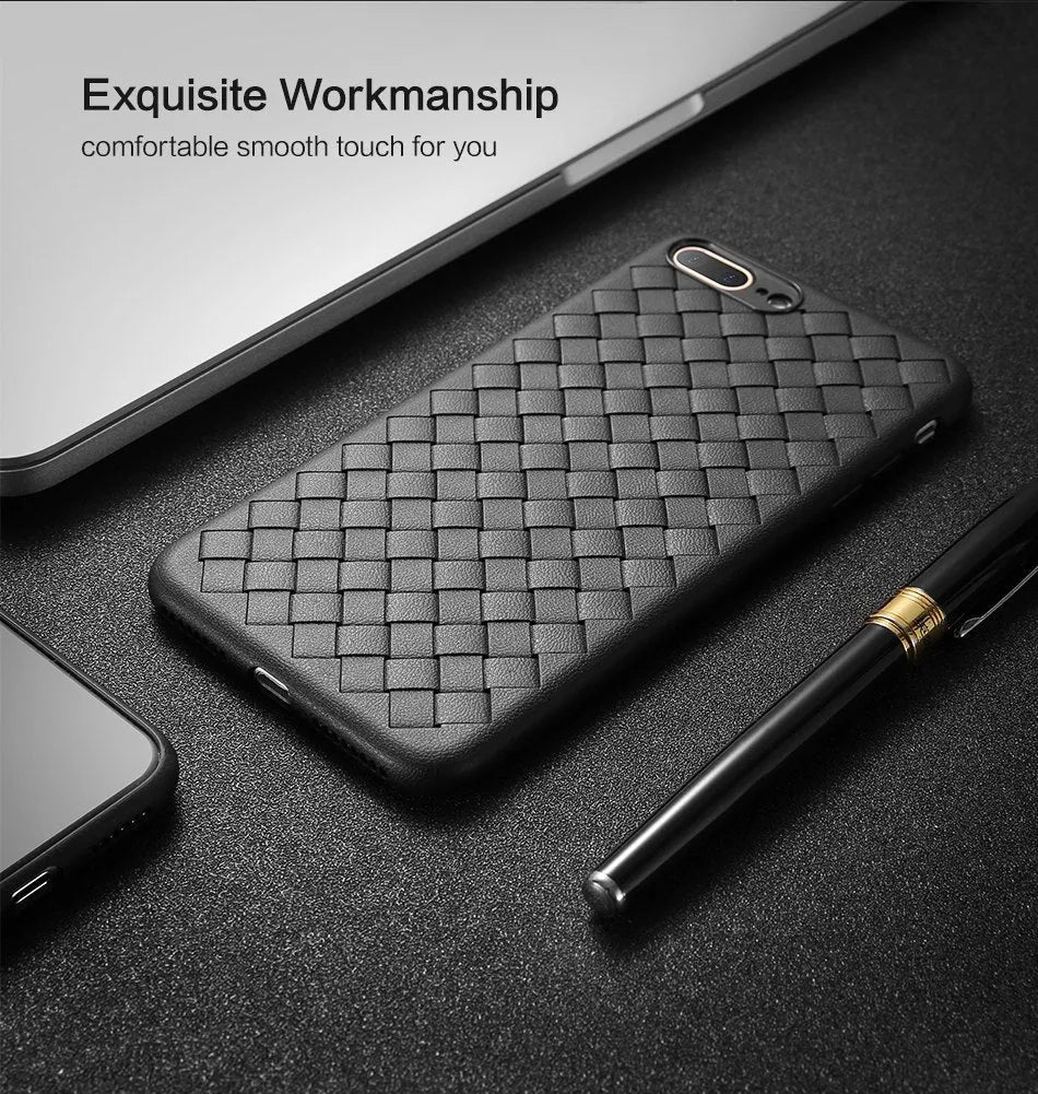 Luxury grid weaving phone case in black with hollow cooling design and raised lips for iPhone protection
